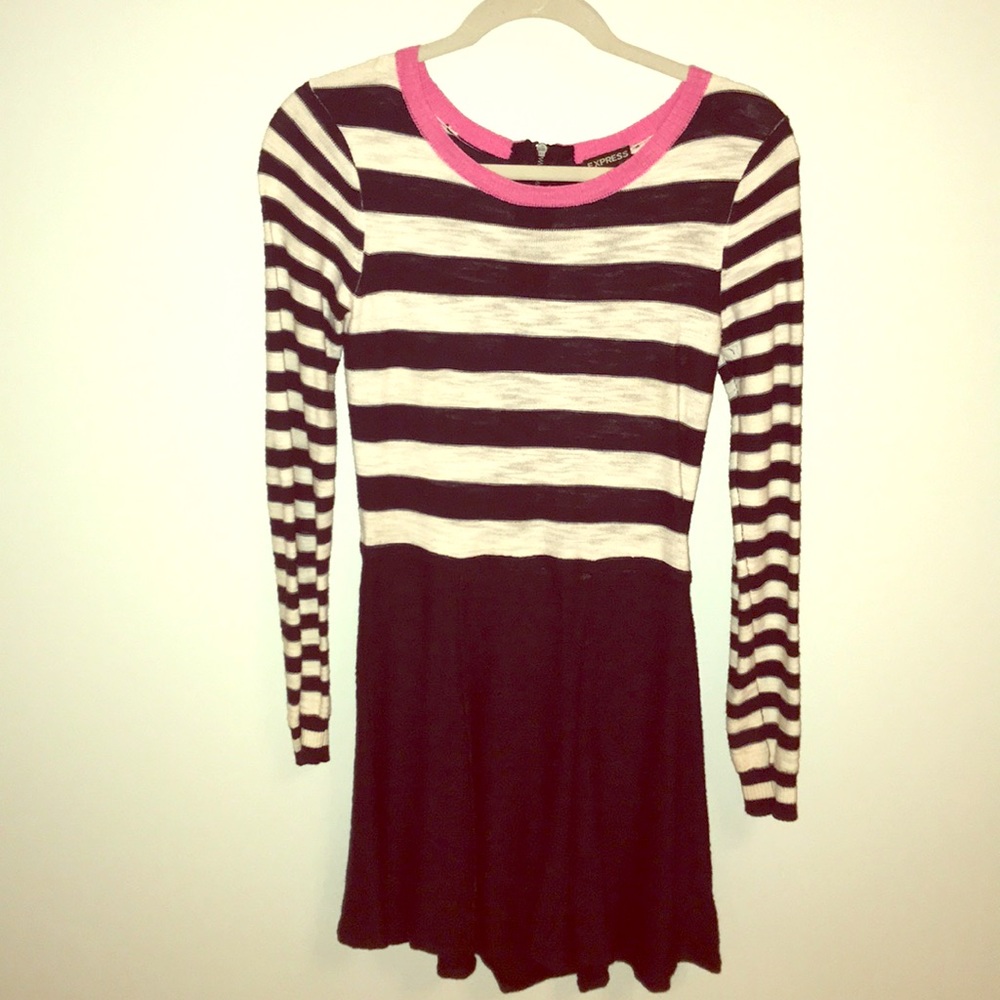 Navy and white striped dress with pink collar